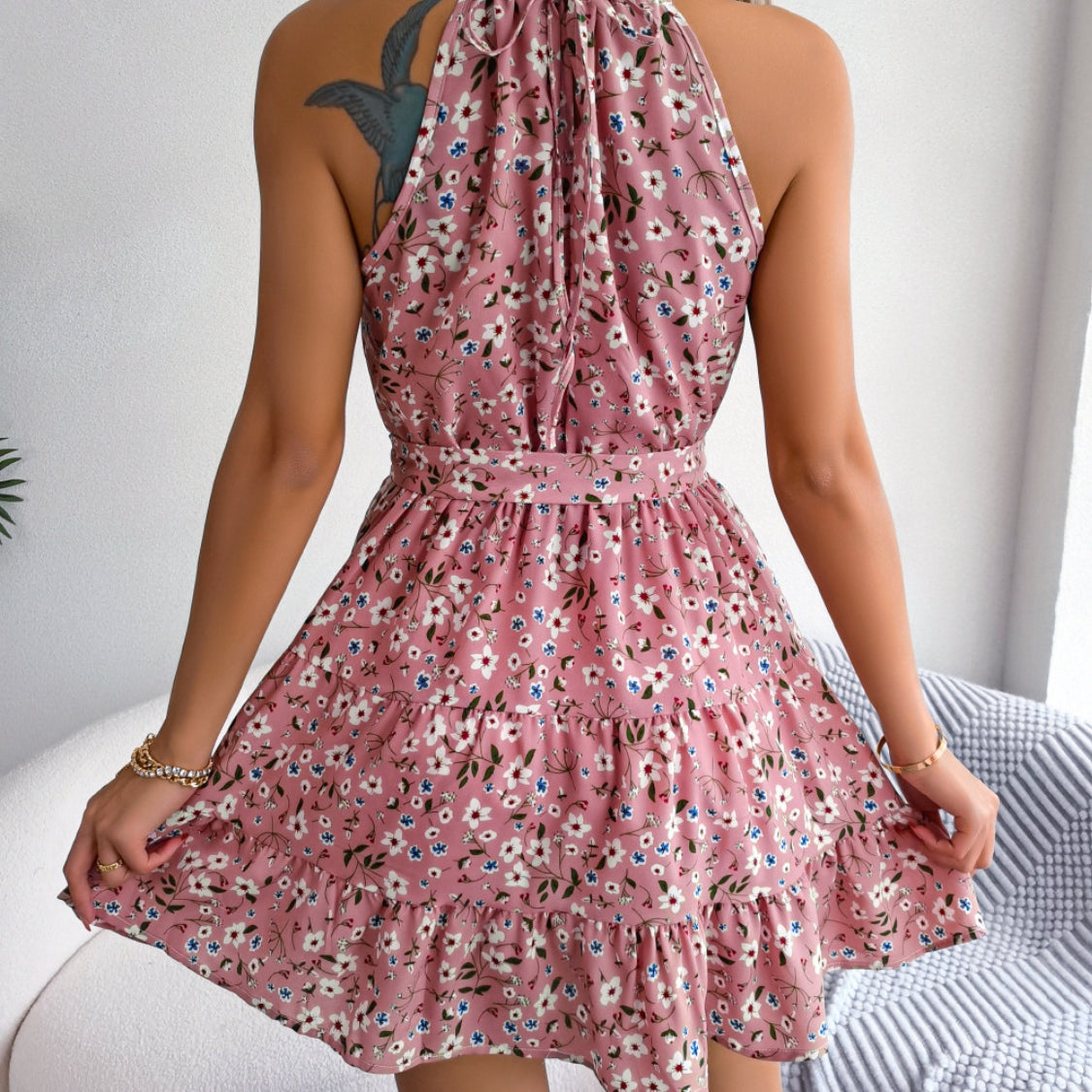 Tied Printed Grecian Neck Mini Dress
