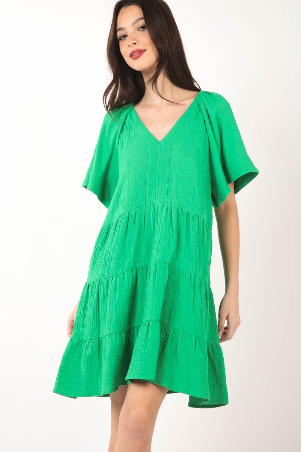 VERY J Texture V-Neck Ruffled Tiered Dress
