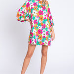 GeeGee Full Size Floral Round Neck Lantern Sleeve Mini Dress
