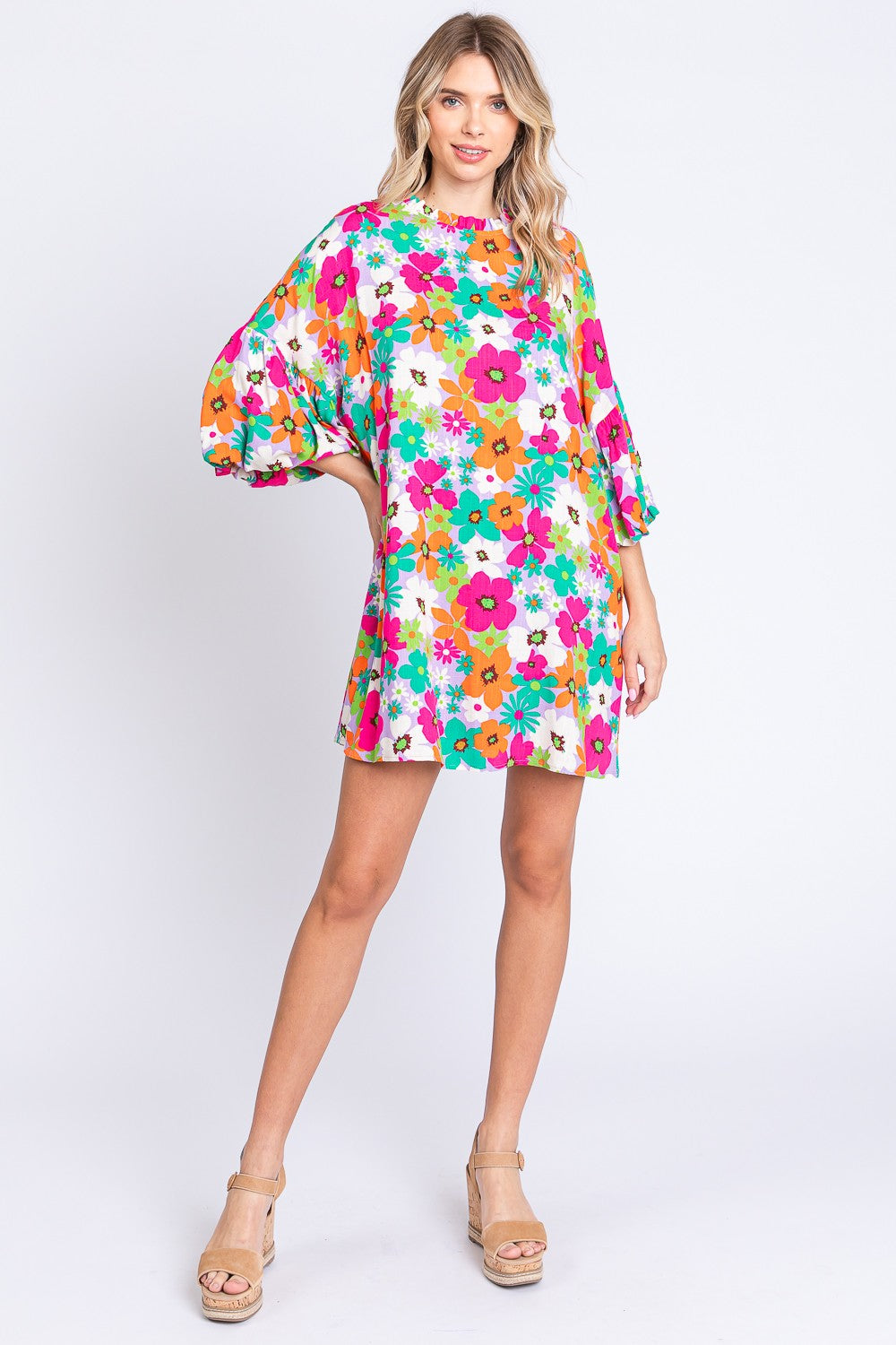 GeeGee Full Size Floral Round Neck Lantern Sleeve Mini Dress
