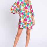 GeeGee Full Size Floral Round Neck Lantern Sleeve Mini Dress
