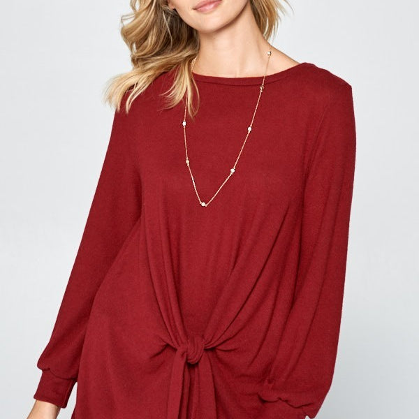 Super Lady Full Size Round Neck Knot Front Hacci Blouse
