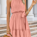 Ruched Grecian Neck Tie Waist Mini Dress
