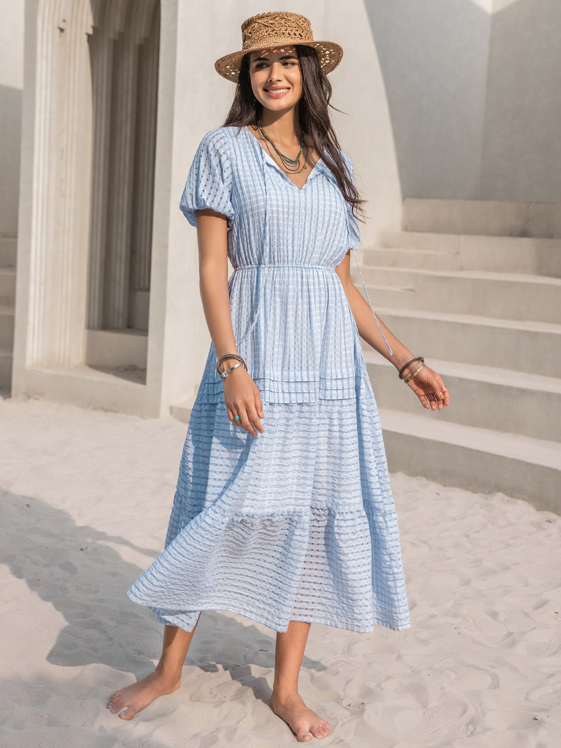 Tie Neck Balloon Sleeve Tiered Dress
