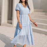 Tie Neck Balloon Sleeve Tiered Dress
