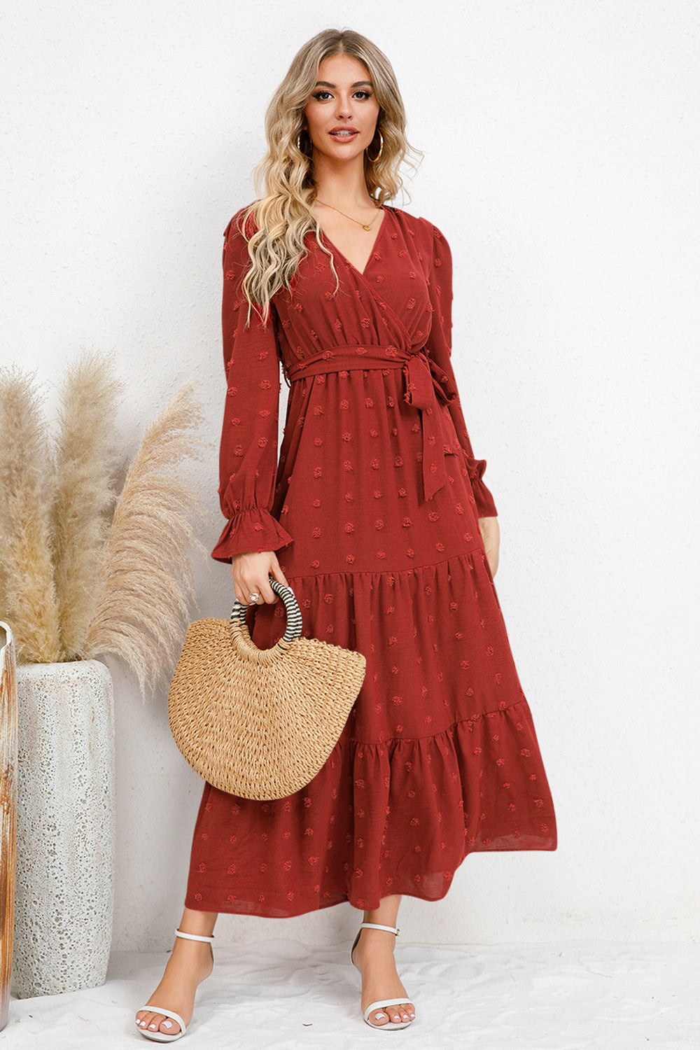 Swiss Dot Tied Surplice Flounce Sleeve Dress
