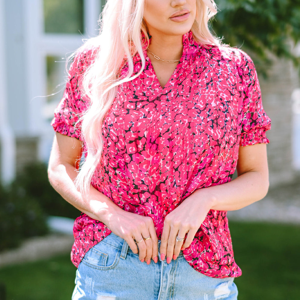 Printed Notched Short Sleeve Blouse
