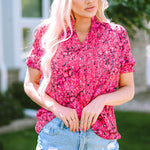 Printed Notched Short Sleeve Blouse
