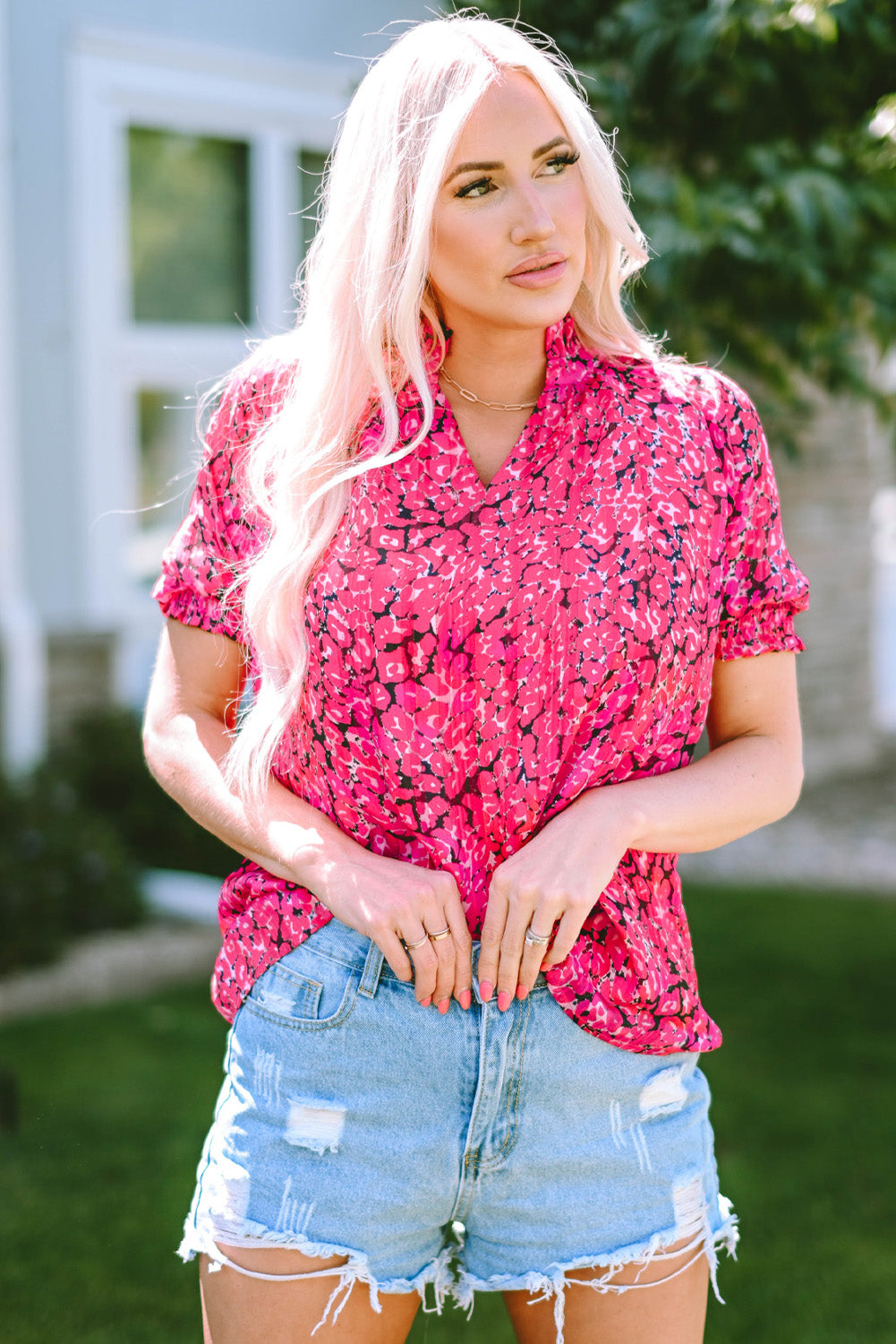 Printed Notched Short Sleeve Blouse
