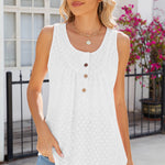 Eyelet Buttoned Round Neck Tank
