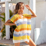 Openwork Striped V-Neck Short Sleeve Cover Up
