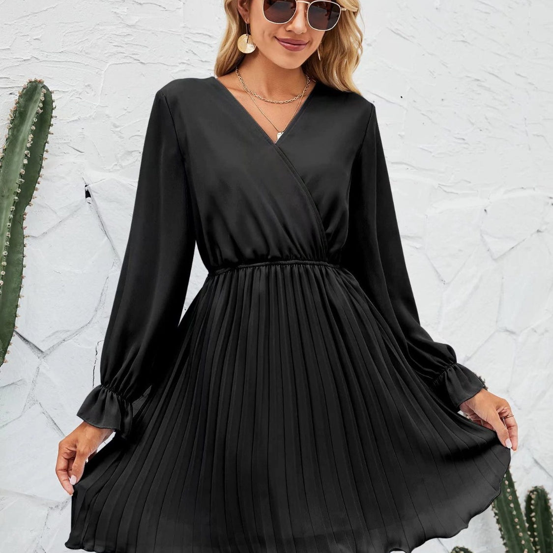 Surplice Flounce Sleeve Pleated Mini Dress
