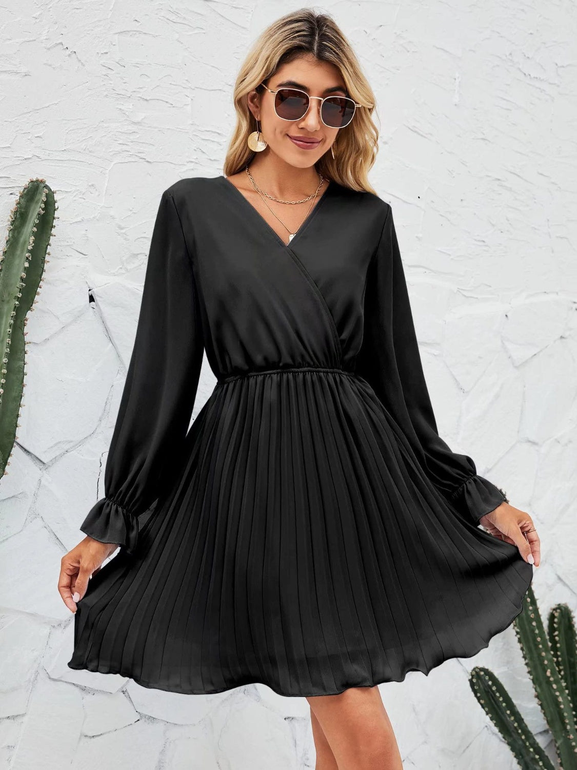 Surplice Flounce Sleeve Pleated Mini Dress
