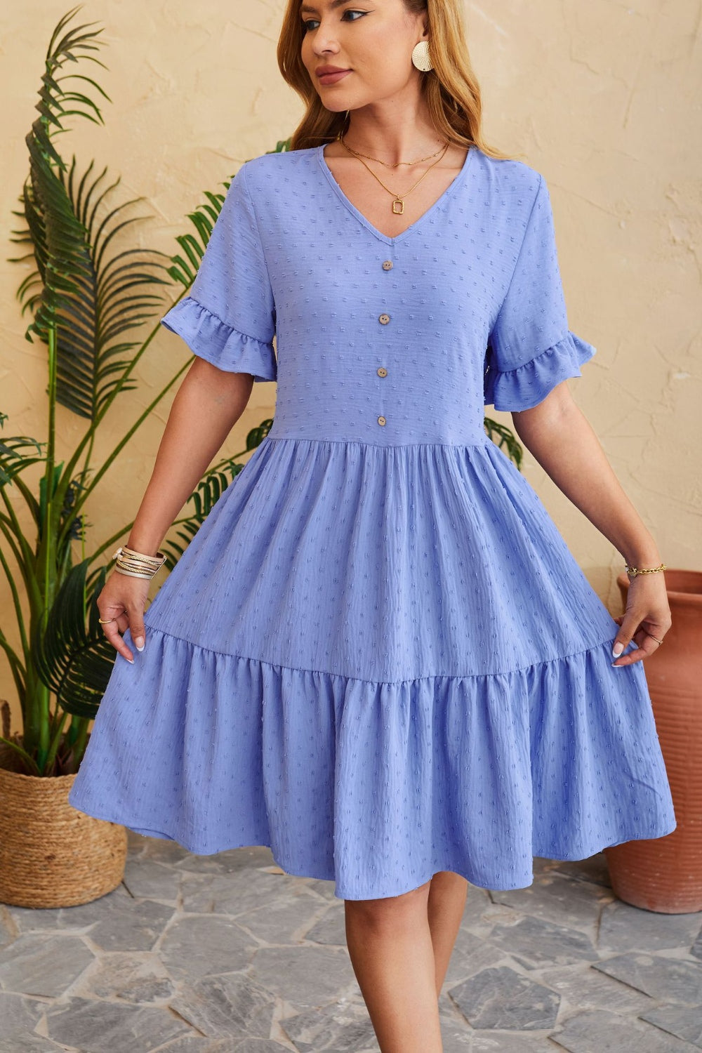 Swiss Dot Ruffled V-Neck Tiered Dress
