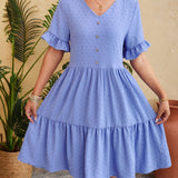 Swiss Dot Ruffled V-Neck Tiered Dress
