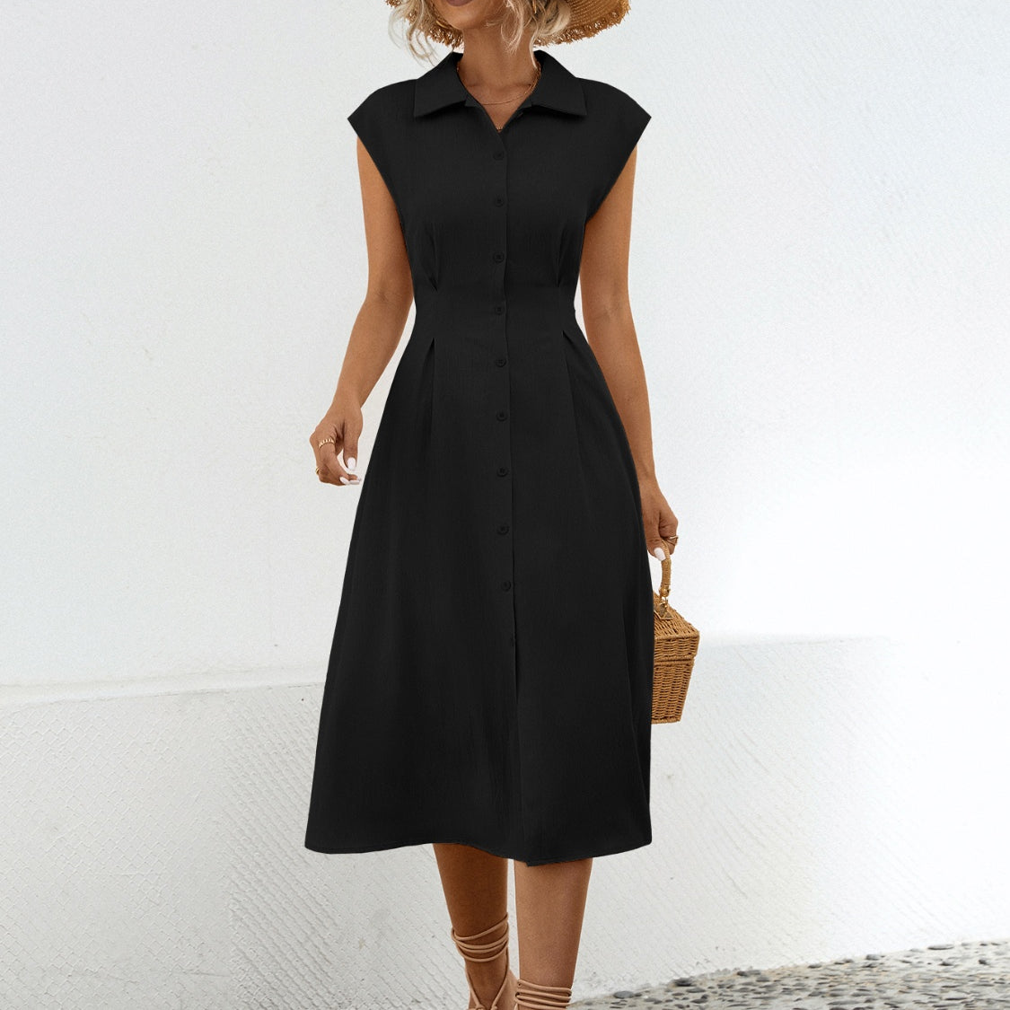 Button Up Cap Sleeve Midi Dress
