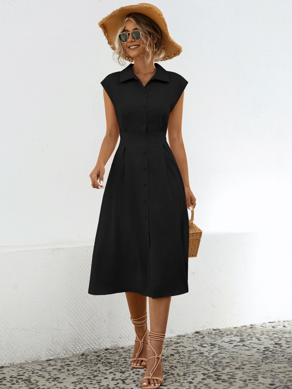 Button Up Cap Sleeve Midi Dress
