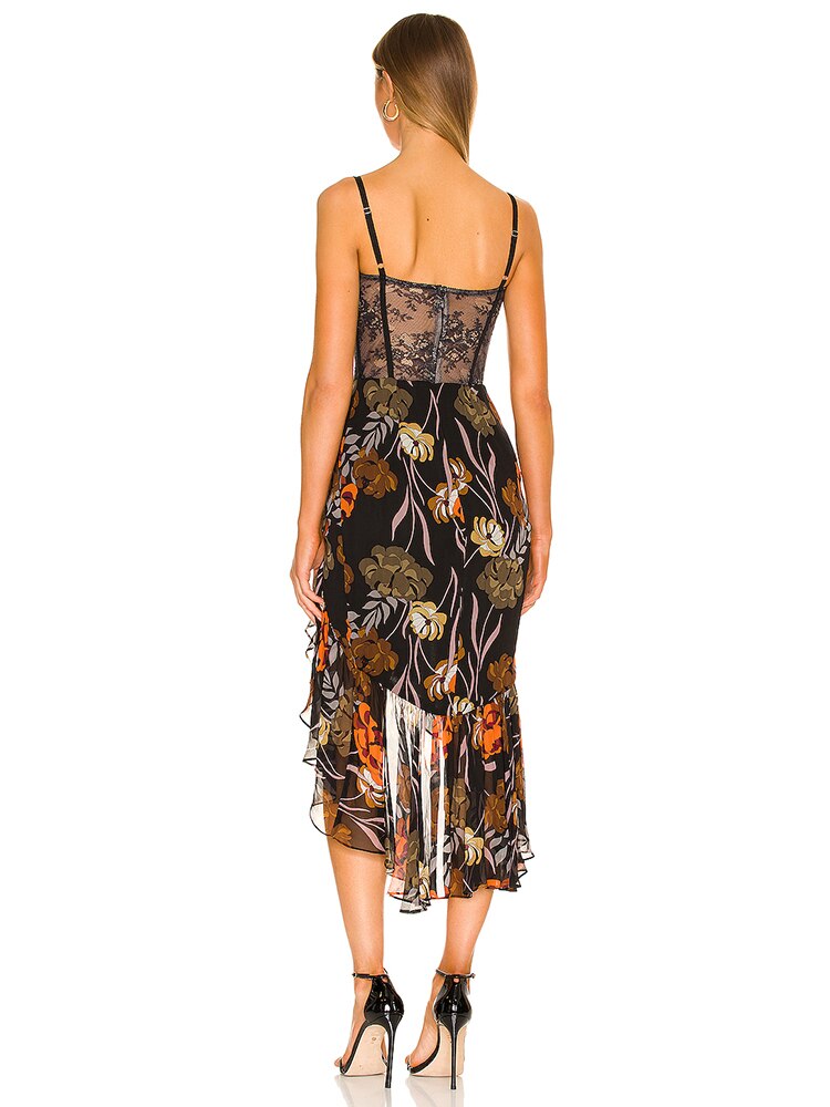 V-Neck Printed Ruffles Strap Midi Dress
