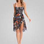 V-Neck Printed Ruffles Strap Midi Dress
