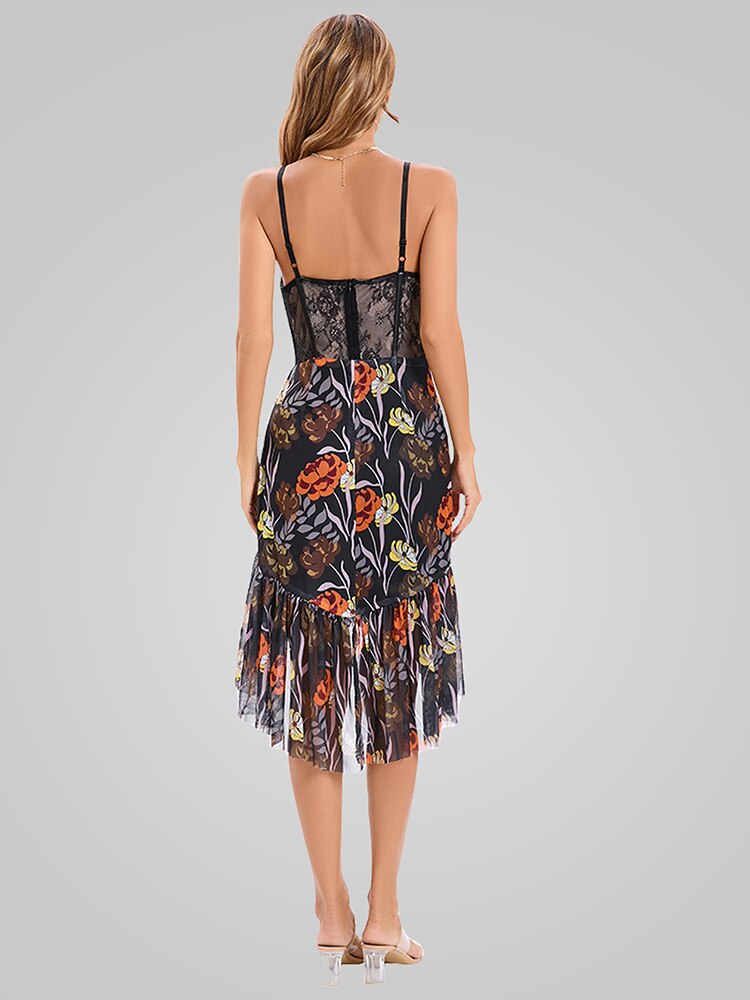 V-Neck Printed Ruffles Strap Midi Dress

