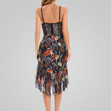 V-Neck Printed Ruffles Strap Midi Dress
